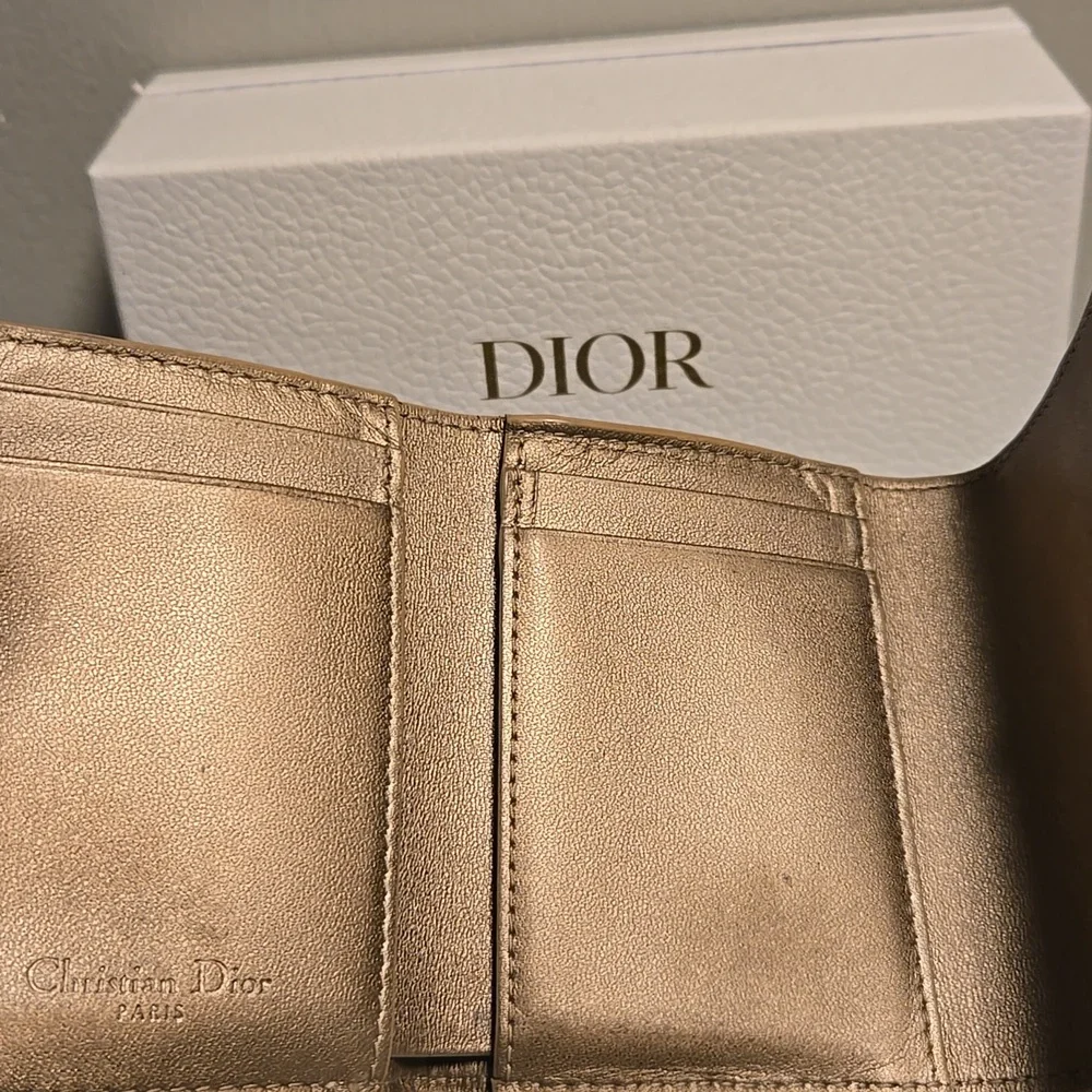 Dior Compact Wallet Lady Lotus Cannage Metallic Gold Quilted